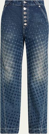Christopher John Rogers Halftone Wiggle Dot Button-Front Wide-Leg Jeans