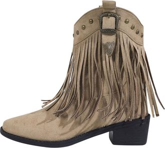 Generic Khaki Womens Round Toe Ankle Boots with Tassel, Chunky Heel Mid-Calf Boots for Cold Days, Comfortable and Stylish