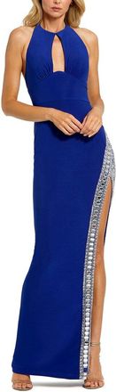 Mac Duggal Jersey Halter Neck Beaded Slit Detail Gown