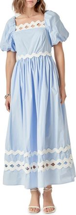 English Factory Scalloped Puff Sleeve Cotton Maxi Dress in Powder Blue/Cream at Nordstrom, Size X-Small
