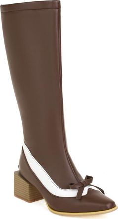 Generic Womens Retro Bow Embellished Knee High Shoes Pointed Toe Block Heel Two Tone Synthetic Leather Comfortable Non Slip Durable for Daily Street Party Wea