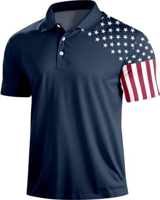 Generic DENGJIAMY 4th of July Golf Shirt Mens American Flag Print Polo Shirts Summer Trendy Collar Tee Short Sleeve Fashion Button V Neck Tops Patriotic Tshir