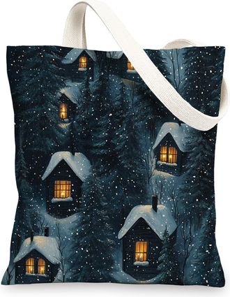 Generic Winter Farmhouse Christmas Canvas Tote Bag for Shopping 13x15, Cool Forest Cabin Xmas Reusable Grocery Print Bag for Women, Farm Holiday Beach Aesthet