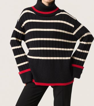 Soaked In Luxury Musling Rollneck Rib Knit Pullover Sweater In Black