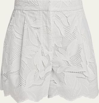 Erdem Floral Cutwork Cotton Pleated Shorts