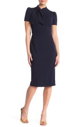 Maggy London Tie Neck Puff Sleeve Scuba Crepe Dress in Navy at Nordstrom Rack, Size 12