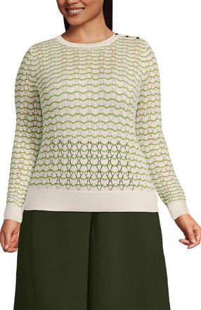 Lands End Plus Size Cotton Viscose Button Shoulder Modern Crew Sweater in Pistachio/ivory Stitch Stripe at Nordstrom, Size 1X