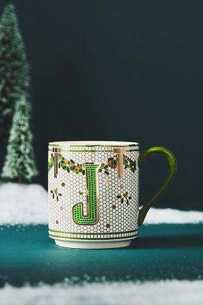 Anthropologie The Bistro Tile Stoneware Monogram Mug: Festive Edition