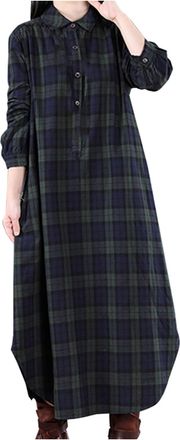 Generic Plaid Longline Shirt Dress for Women UK Long Sleeve T Shirts Lapel Linen Blouses Casual Plaid Button Down Shirt Comfort Loose Check Blouse Tops Comfy 