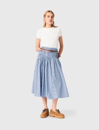 Maje Rhinestone Cotton Maxi Skirt - Blue Check Print - Maje