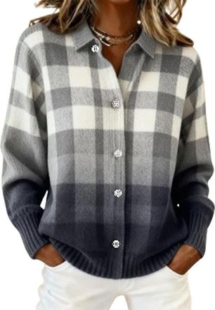 Generic Womens Plaid Print Casual Button-Down Cardigan Sweater, Long Sleeves, V-Neck, Short Casual Style. (Gray-White Gradient Check,M)