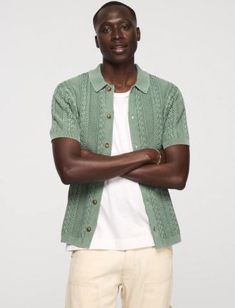 Lucky Brand Mens Fisherman Cable Button Down Sweater