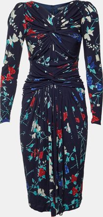 Ferragamo Navy Blue Floral Print Crepe Ruched Midi Dress
