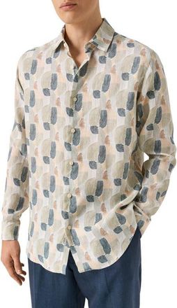 Eton Regular Fit Geometric Linen Dress Shirt in Medium Green at Nordstrom, Size Xx-Large