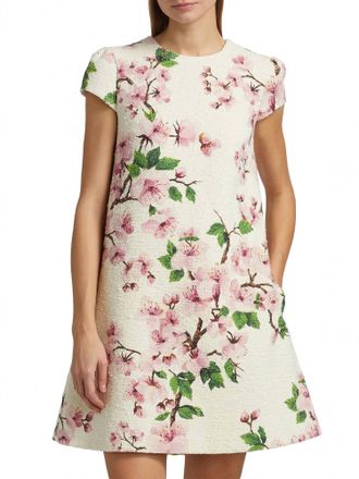 Oscar De La Renta Cherry Blossom Cap Sleeve Embroidered Dress In Pink/ivory