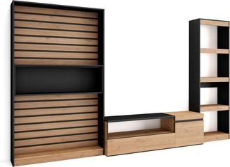 Skraut Home Muebles de sal&oacute;n para tv efecto madera roble y negro 320x35x186cm