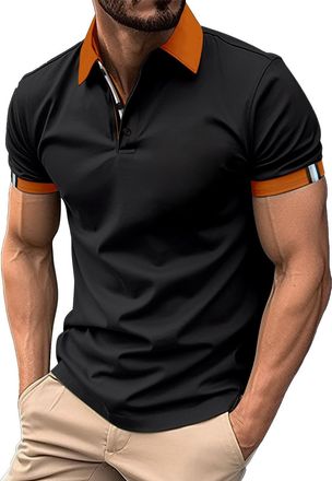 Generic Polo Shirts for Men Stretch Quick Dry Performance Golf Polos Casual Button Contrasting Color Collared Tennis Muscle Tee Tops (Black,XXL)