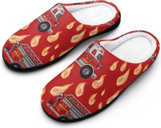 Generic Firefighter Fire Trucks Mens Slippers Slip On Comfortable Fleece Cotton House Shoes Winter