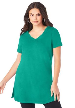 Roaman's Plus Size Ultimate Cotton V-Neck Short Sleeve Tunic in Tropical Emerald at Nordstrom, Size Large