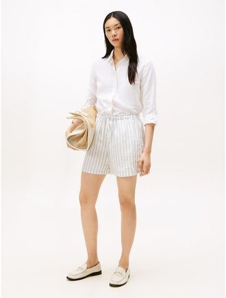 Tommy Hilfiger Womens Striped Linen Pull-On Short - White - 10