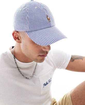 Polo Ralph Lauren Cappello con visiera in seersucker a righe blu medio con logo a icona multicolore