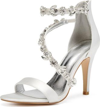 Generic Wedding Shoes Women Ankle Strap Heels Bridal Heels Open Toe Stiletto High Heeled Sandals for Prom, Party, Daily 10.5Cm,Ivory,6 UK