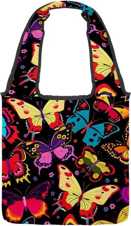 Generic Glowing Butterfly Reversible Canvas Shoulder Tote - Double-Sided Print, 12oz Cotton, 27cm Drop, Fold-Flat Bag for Travel, Shopping, Street Outings