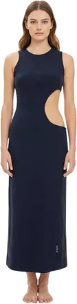 Off-white Blue Textured Crew Neck Midi Dress