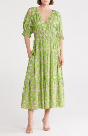 Area Stars Tassel Tie Midi Dress in Pink Green Floral Print at Nordstrom Rack, Size X-Small