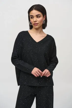 Joseph Ribkoff Womens Sequined Long Sleeve Boxy Top In Black