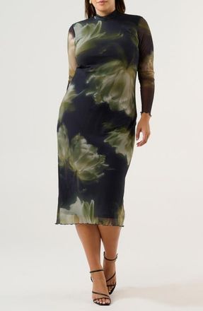Estelle Peace Lily Mock Neck Long Sleeve Mesh Midi Dress in Black/Moss at Nordstrom, Size 16W