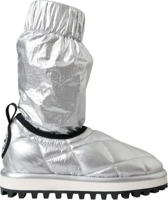 Dolce & Gabbana Gewatteerde Metallic Enkellaarzen - Dames - Winterlaarzen - Grijs - 39 EU - Nylon - Schoenen