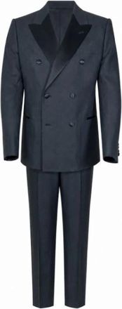 Giorgio Armani Double-Breasted Peak-Lapel Suit - Heren - Business pakken - Blauw - L - Tweed - Kostuums