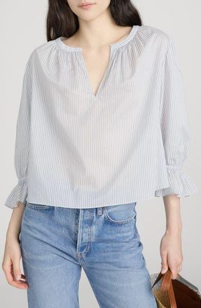 Frame Denim Poet Stripe Bell Sleeve Cotton Top in Ocean Blue Multi at Nordstrom, Size X-Small