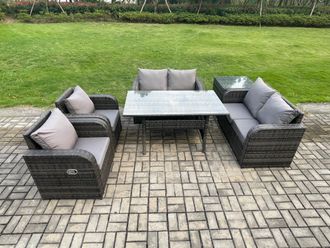 Fimous Rattan Outdoor Furniture Garden Dining Set Rectangular Table & Chair Sofa Set With Side Table Dark Grey Mixed