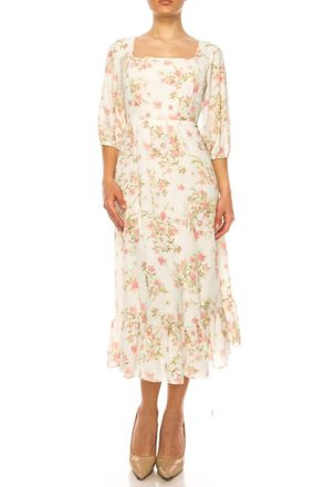 52SEVEN Three Quarter Sleeve Floral Midi Dress In White Light Pink