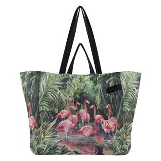 Generic Pink Flamingo Plants print Reusable Canvas Tote Bag, Heavy Duty Grocery Shopping Bag with Large Capacity Hard Bottom Double Handles Work Groceries Tra