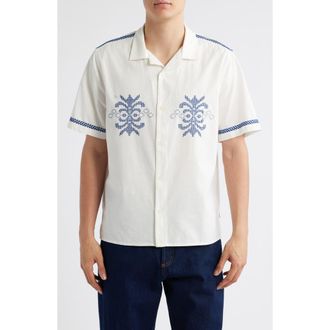 Wax London Didcot Crest Motif Short Sleeve Camp Shirt in Ecru /Blue at Nordstrom Rack, Size Xx-Large