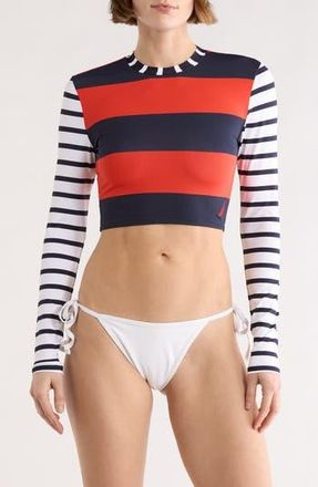 Nautica Stripe Long Sleeve Crop Rashguard in Navy/Red at Nordstrom Rack, Size X-Large