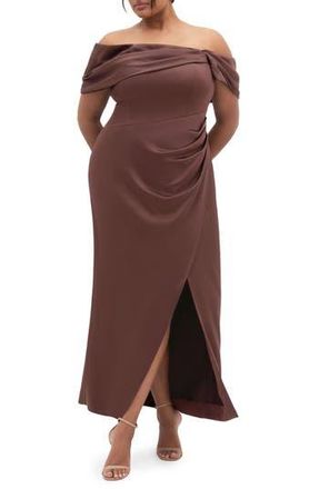 City Chic Paloma Off the Shoulder Satin Maxi Dress in Rasin at Nordstrom Rack, Size S/16W