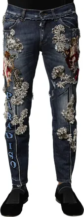 Dolce & Gabbana Mens Blue Cotton Rhinestone Embellish Denim Jeans Elastane Clothing