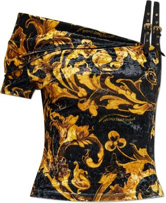 Versace Jeans Couture Baroque Buckle Ribbed One-Shoulder Top - Dames - Blouses - Geel - M - Katoen - Overhemden