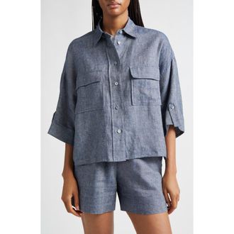 Eleventy Linen Blend Button-Up Shirt in 11 Blue at Nordstrom, Size 10 Us