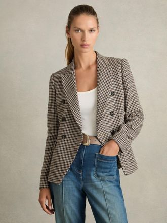 Reiss Navy Neutral Check Cotton-linen Double-breasted Houndstooth-check Blazer, 16