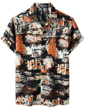PARKLEES Mens Cotton Linen Stylish Pattern Printed Hawaiian Shirt Casual Short Sleeve Button Down Beach Shirts EU-PZTAN01 Black Orange L