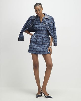 River Island Womens Mini Dress Blue Faux Leather Scallop Boucle - Size 12 UK