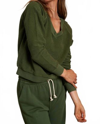 perfectwhitetee Zuri Reverse Fleece V-Neck Sweatshirt In Fern Green