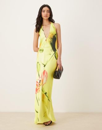 JW PEI Vestito lungo allacciato al collo con scollo profondo in raso giallo a fiori multicolore-Verde