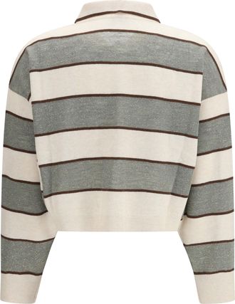 Brunello Cucinelli Womens Polo Crop Sparkling Stripes Knit White Beige+visone+militare Knitwear Sweater