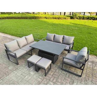 Fimous Fimous Aluminium Garden Furniture Sets,9 Seater Outdoor Sofa Dining Set with Adjustable Rising Lifting Dining Table 2 Small Footstools for